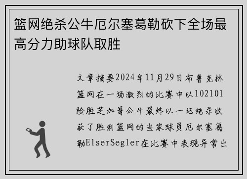 篮网绝杀公牛厄尔塞葛勒砍下全场最高分力助球队取胜