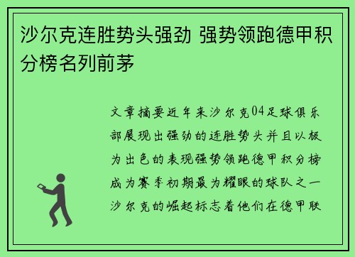 沙尔克连胜势头强劲 强势领跑德甲积分榜名列前茅