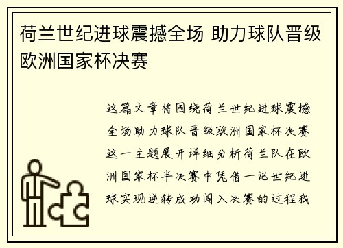 荷兰世纪进球震撼全场 助力球队晋级欧洲国家杯决赛