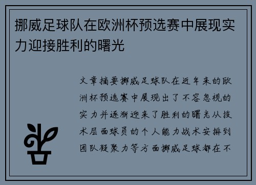 挪威足球队在欧洲杯预选赛中展现实力迎接胜利的曙光