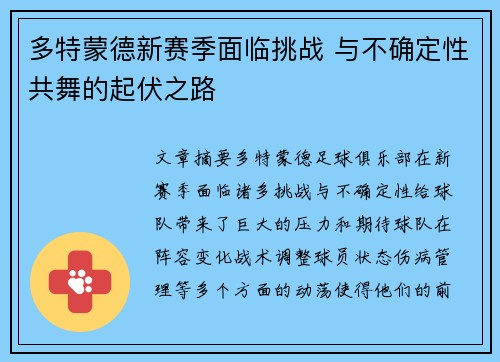 多特蒙德新赛季面临挑战 与不确定性共舞的起伏之路