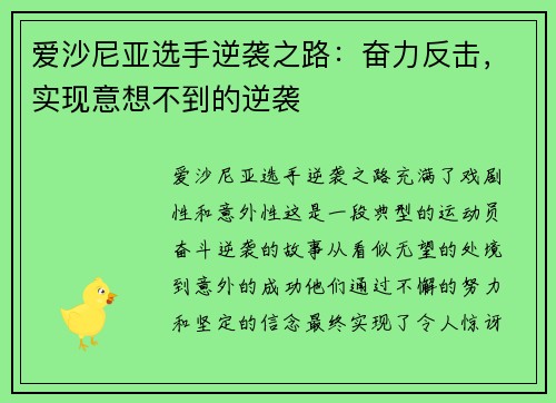 爱沙尼亚选手逆袭之路：奋力反击，实现意想不到的逆袭