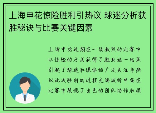 上海申花惊险胜利引热议 球迷分析获胜秘诀与比赛关键因素