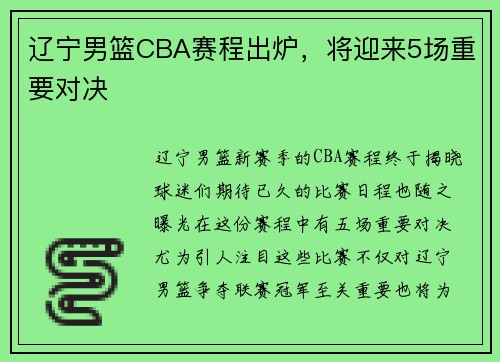 辽宁男篮CBA赛程出炉，将迎来5场重要对决